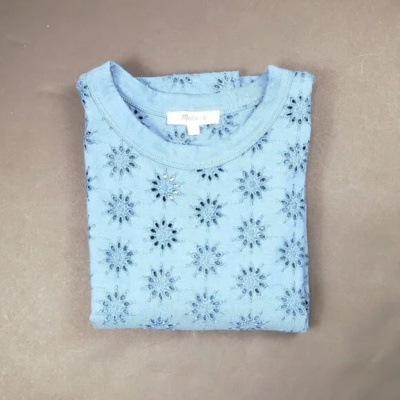 Madewell Embroidered Wide-Sleeve Boxy Tee Sunfaded Blue Relaxed Fit Casual Top S - Picture 16 of 16